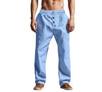 Pantalones de lino para hombre, para playa, boda, pierna recta, ajuste relajado, ligeros, transpirables, vacaciones, playa, yoga, descanso, azul celeste, M