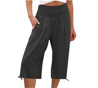 Pantalones de lino para mujer 3/4, pantalones casuales de cintura alta, algodón y lino, cómodos pantalones de tela monocolor, ligeros de secado rápido, pantalones de playa al aire libre, cintura