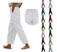 Pantalones de lino para mujer, 7/8, pantalones largos de jogging, pantalones de lino, ligeros, ajustados, pantalones de tela, cintura alta, pantalones de sudadera, pantalones de pierna recta