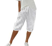 Pantalones de lino para mujer, a rayas, capri, pantalones capri para mujer, verano, tallas grandes, ligeros, elásticos, 3/4, pantalones de playa, holgados, pantalones de ocio con bolsillos, pantalones