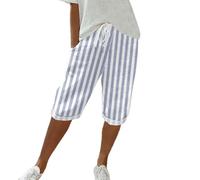 Pantalones de lino para mujer, a rayas, capri, pantalones capri para mujer, verano, tallas grandes, ligeros, elásticos, 3/4, pantalones de playa, holgados, pantalones de ocio con bolsillos, pantalones