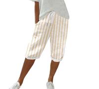 Pantalones de lino para mujer, a rayas, capri, pantalones capri para mujer, verano, tallas grandes, ligeros, elásticos, 3/4, pantalones de playa, holgados, pantalones de ocio con bolsillos, pantalones