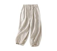 Pantalones de Lino para Mujer con Bordado de Encaje y Patchwork, piernas Anchas y Cintura elástica Tipo harén, Ideales para Verano y Ocasiones Casuales (Beige, M)