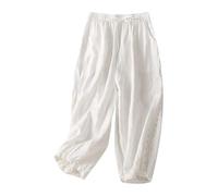 Pantalones de Lino para Mujer con Bordado de Encaje y Patchwork, piernas Anchas y Cintura elástica Tipo harén, Ideales para Verano y Ocasiones Casuales (White, L)