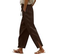 Pantalones de lino para mujer con cordón elástico en la cintura y bolsillos, pantalones abiertos en el tobillo, suaves, cómodos, de color sólido, ajuste holgado, cómodos, pantalones casuales, marrón