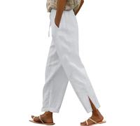 Pantalones de lino para mujer con cordón elástico en la cintura y bolsillos, pantalones abiertos en el tobillo, suaves, cómodos, de color sólido, ajuste holgado, cómodos, pantalones casuales, blanco