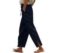 Pantalones de lino para mujer con cordón elástico en la cintura y bolsillos, pantalones abiertos en el tobillo, suaves, cómodos, de color sólido, ajuste holgado, cómodos, pantalones casuales, Negro, S