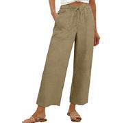 Pantalones de lino para mujer, de pierna ancha, informales, sueltos, con cintura y pantalones a rayas, ajustados, marrón, M