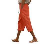 Pantalones de lino para mujer, de verano, hasta la rodilla, pantalones capri para mujer, pierna ancha, pantalones de verano, ligeros y aireados, pantalones cortos de playa 3/4, con bolsillos
