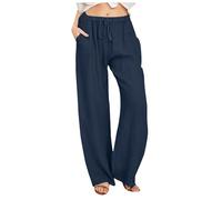 Pantalones de lino para mujer, estilo palazzo, de verano, pierna ancha, casuales, holgados, con cordón, cintura alta, con bolsillos, cordón sólido, pantalones de lino para mujer, Azul marino-1, L