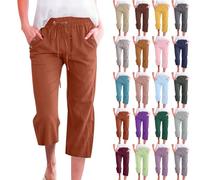 Pantalones de lino para mujer, muselina 3/4, ligeros, pantalones de tela para mujer, pantalones cortos de lino, capri, informales, pantalones palazzo, elásticos, con cordón, ligeros y aireados