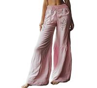 Pantalones de lino para mujer, pantalones de lino para mujer, estilo festivo, estampado étnico retro, pantalones casuales para mujer, ajuste cómodo y relajado, perfecto para verano, playa y vacaciones