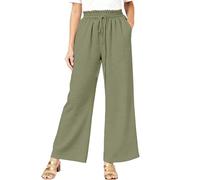 Pantalones de lino para mujer, pantalones de pierna ancha, pantalones de cintura alta, color sólido, ajuste relajado, diseño holgado, cómodos, ligeros, para verano, vacaciones, playa, Gn3, L