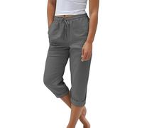 Pantalones de lino para mujer, pantalones de playa 3/4, cintura alta, algodón y lino, pantalones cómodos de tela monocolor, elásticos, muselina, pantalones de verano transpirables, cintura elástica al