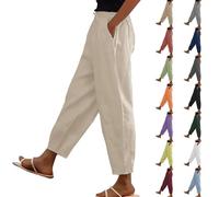 Pantalones de lino para mujer, pantalones de verano 7/8, muselina, pantalones largos de algodón, cintura alta, elásticos, con bolsillos, pantalones de tela, ligeros y aireados, pantalones de algodón