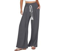 Pantalones de lino para mujer, pantalones de verano Palazzo de algodón, pantalones de tela, cintura alta, pantalones de verano para mujer, ligeros, largos, pierna ancha, pantalones de ocio, holgados