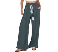 Pantalones de lino para mujer, pantalones de verano Palazzo de algodón, pantalones de tela, cintura alta, pantalones de verano para mujer, ligeros, largos, pierna ancha, pantalones de ocio, holgados