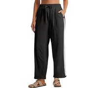 Pantalones de lino para mujer Pantalones palacio de pierna ancha con cordón de ajuste de lino de algodón pantalones de verano con bolsillos, Le Noir, L