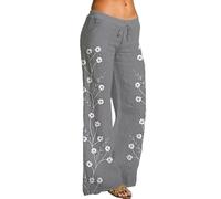 Pantalones de Lino para Mujer Verano Anchos Frescos Talla Grande 3XL Boho Pantalon de Casuales con Estampado de Flores Vintage con Bolsillos Pantalón de Suave y Transpirable Danza Pilates Yoga Pant