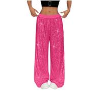 Pantalones de los años 80 para mujer, modernos e informales, color liso, lentejuelas y danza, cintura alta, rectos, pierna ancha, pantalones casuales para mujer, hot pink, M