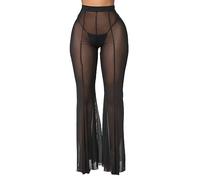 Pantalones de malla transparente para mujer, pantalones de pierna ancha de cintura alta, pantalones de playa transparentes, traje baño con parte inferior de bikini, pantalones acampanados con volantes