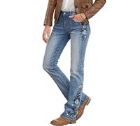 Pantalones de Mezclilla de Pierna Ancha elásticos con Bordado Floral para Mujer,Azul,L