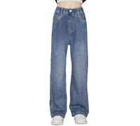 Pantalones de mezclilla holgados vintage para niñas y niñas, pierna recta, cintura alta, pantalones de mezclilla para la escuela, cintura elástica, pantalones deportivos estéticos lavados casuales Y2K