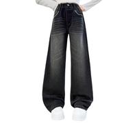 Pantalones de mezclilla holgados Y2K vintage para niñas, estilo hip hop, pierna ancha, cintura alta, cintura elástica, pierna recta, lavados, ropa de calle estética de moda, Negro-d, 12-13 años