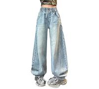 Pantalones de mezclilla holgados Y2K vintage para niñas, estilo hip hop, pierna ancha, cintura alta, cintura elástica, pierna recta, lavados, ropa de calle estética de moda, Azul claro-b, 13-14 años