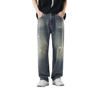 Pantalones de mezclilla vintage desgastados para hombre, pierna recta, estilo hip hop, ajuste relajado, holgados, azul, 44