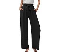 Pantalones de mujer de pierna ancha para mujer, ligeros, cintura ajustable, pajarita, holgados, cómodos, casuales, con bolsillo, Negro, L