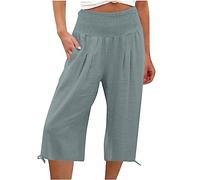 Pantalones de mujer de verano de algodón y lino anchos, cómodos, ligeros, 3/4 con diseño de pirata, elegante, cruzado, casual, cintura alta, bermudas Capri con bolsillo, chándal deportivo, pantalones