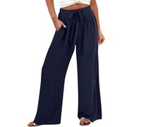 Pantalones de mujer de verano elegantes pantalones elásticos de cintura alta anchos pantalones con bolsillos cordón cómodos pantalones y pierna ancha ligeros Palazzo color liso casual, azul marino, XL
