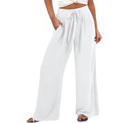 Pantalones de mujer de verano elegantes pantalones elásticos de cintura alta anchos pantalones con bolsillos cordón cómodos pantalones y pierna ancha ligeros Palazzo color liso casual, Color blanco