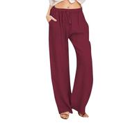 Pantalones de mujer verano de algodón chic y lino de manga corta ligera con bolsillos cintura elástica de corte suelto fluido pantalones de playa casuales para vacaciones de playa y ocio, Vin-2, XXXL