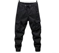 Pantalones de ocio para hombre con cordones y pantalones de trabajo sueltos en color liso, pantalones largos elásticos para vacaciones y uso diario, corte regular, diseño monocolor (XL negro)