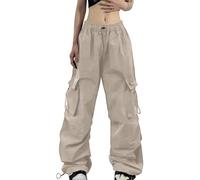 Pantalones de paracaídas cargo para mujer, corte holgado, bolsillo estilo callejero, beige, XL