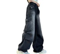 Pantalones de personalidad de moda para niñas, cintura elástica, pierna ancha, pantalones casuales Demin pantalones con bolsillos multi TI bombachos 86 niño, Negro , 10-11 años