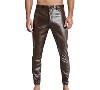 Pantalones de piel para hombre, elásticos, clásicos, aspecto mojado, piel sintética, ajustados, rectos, largos, con bolsillos, informales, de piel, para moto, cosplay, baile, escenario, fiesta, marrón