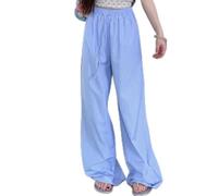 Pantalones de pierna ancha a rayas verticales azules para mujer, pantalones sueltos hasta el suelo, elasticidad moderada, poliéster, casual, pantalones de vacaciones para primavera, verano, otoño