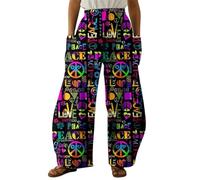 Pantalones de Pierna Ancha de Talle Alto con Estampado 3D de Paz y Amor Retro de los 70 para Mujer Coloridos Bohemios y Casuales con Bolsillos Laterales