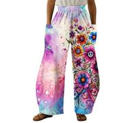 Pantalones de Pierna Ancha de Talle Alto con Estampado 3D de Paz y Amor Retro de los 70 para Mujer Coloridos Bohemios y Casuales con Bolsillos Laterales