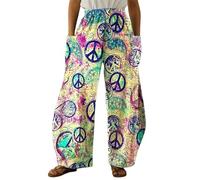 Pantalones de Pierna Ancha de Talle Alto con Estampado 3D de Paz y Amor Retro de los 70 para Mujer Coloridos Bohemios y Casuales con Bolsillos Laterales