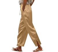 Pantalones de pierna dividida para mujer, pantalones de satén de pierna recta, pantalones de correa ajustable con bolsillo lateral, pantalones casuales y cómodos para exteriores e interiores
