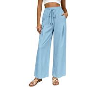 Pantalones de Piernas Anchas para Mujer con Cordón de Ajuste, Sky Blue, S