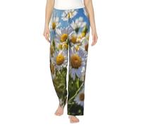 Pantalones de pijama cómodos con estampado de margaritas blancas salvajes para mujer, con cordón y bolsillos, ligeros y suaves, Negro, 5XL