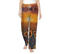 Pantalones de pijama de franela con estampado de girasol, campo de puesta de sol, mar de flores, pijama de forro polar suave y cálido, perfecto para fines de semana perezosos en casa, Negro, L