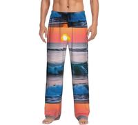 Pantalones de pijama de poliéster para hombre, diseño de atardecer y amanecer con olas del océano, pantalones largos de pijama, pantalones de dormir con bolsillos, Negro, XXXL