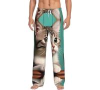 Pantalones de pijama para hombre: cintura elástica ajustable con estampado de gato curioso, cómodo pantalón de descanso, transpirable con cordón para vacaciones, blanco, XXL