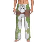 Pantalones de pijama para hombre, estampado de perro bichón frise, cintura elástica ajustable, cómodo pantalón de descanso, transpirable con cordón para vacaciones, blanco, L